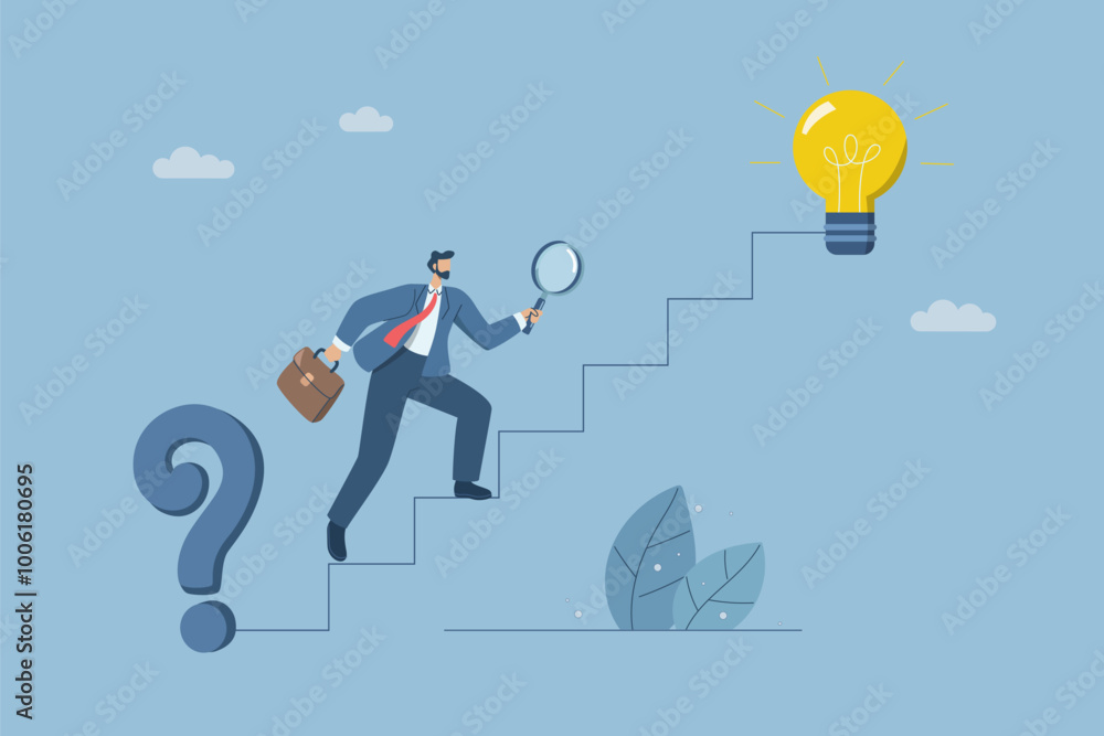 Businessman holding magnifying glass searching for solution to problem of stairs between question mark and light bulb, Finding the right direction or solution to a problem, Creativity to success. Businessman holding magnifying glass searching for solution to problem of stairs between question mark and light bulb, Finding the right direction or solution to a problem, Creativity to success.
