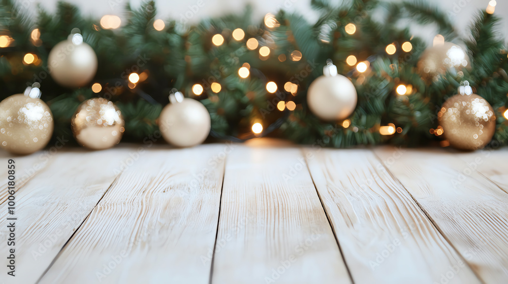 Christmas decorations with ornaments and lights on wooden background. Christmas decorations with ornaments and lights on wooden background.