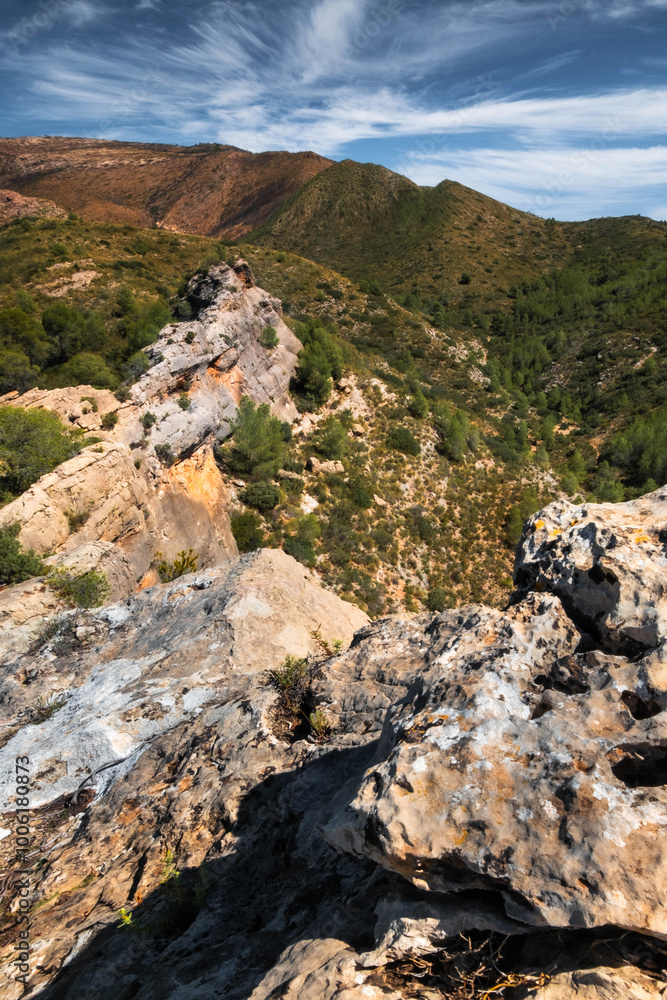 landscape of Rocky Cliffside Path Overlooking Lush Green Valley with Expansive Sky View landscape of Rocky Cliffside Path Overlooking Lush Green Valley with Expansive Sky View