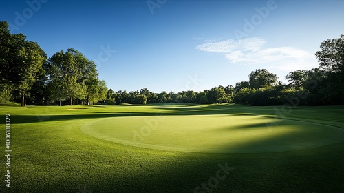 A serene golf course landscape under a clear blue sky, showcasing lush green grass and trees in the background.