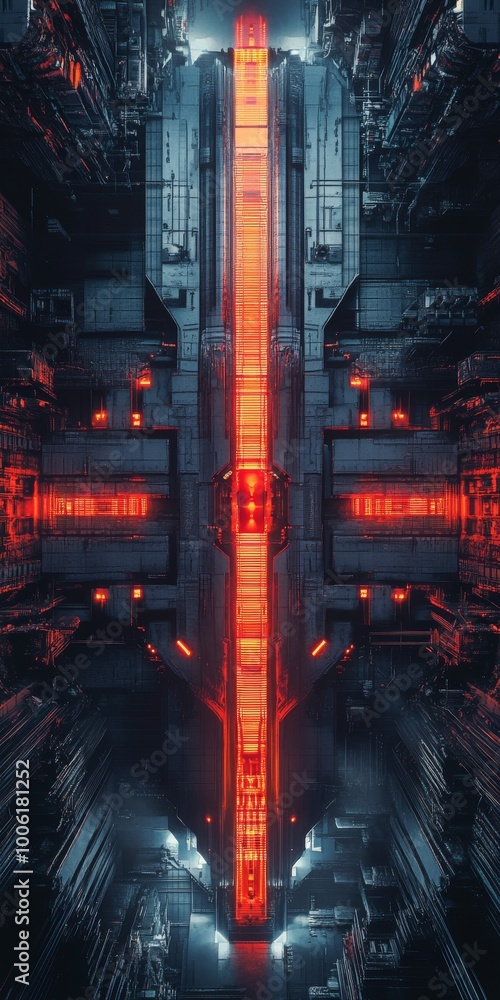 Naklejka premium Futuristic Sci-Fi Cityscape with Neon Red Lights and Industrial Architecture in a Dark Atmosphere