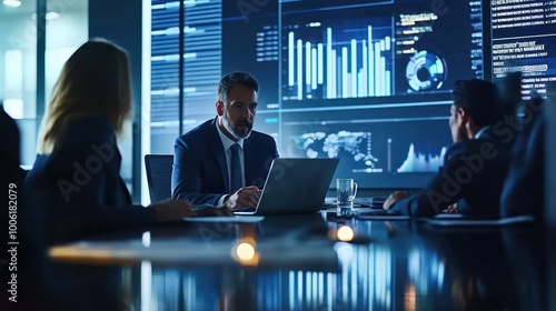 Wallpaper Mural A group of executives engaged in a business negotiation, formal meeting room with laptops and charts on display Torontodigital.ca