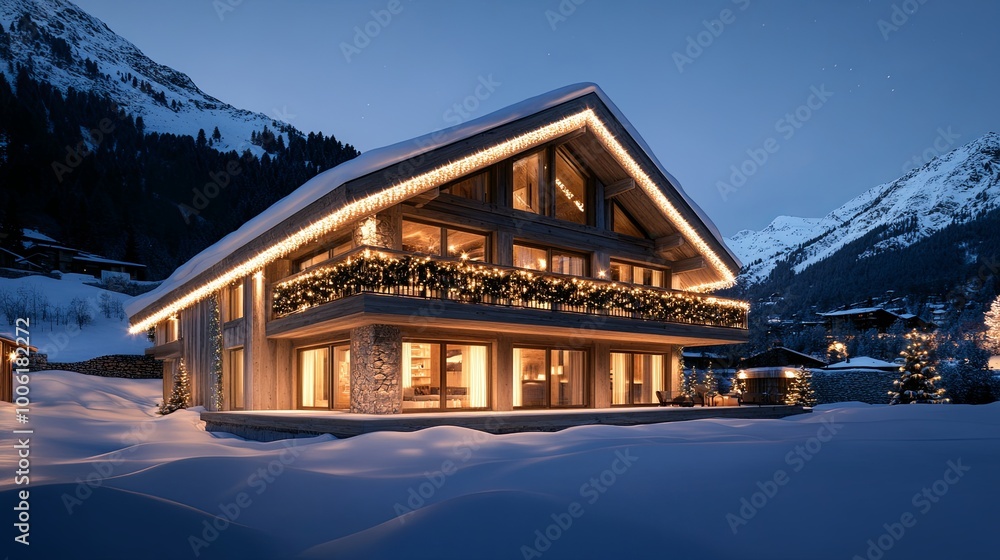 A cozy chalet illuminated by festive lights, surrounded by snow-covered mountains, creating a serene winter atmosphere. A cozy chalet illuminated by festive lights, surrounded by snow-covered mountains, creating a serene winter atmosphere.