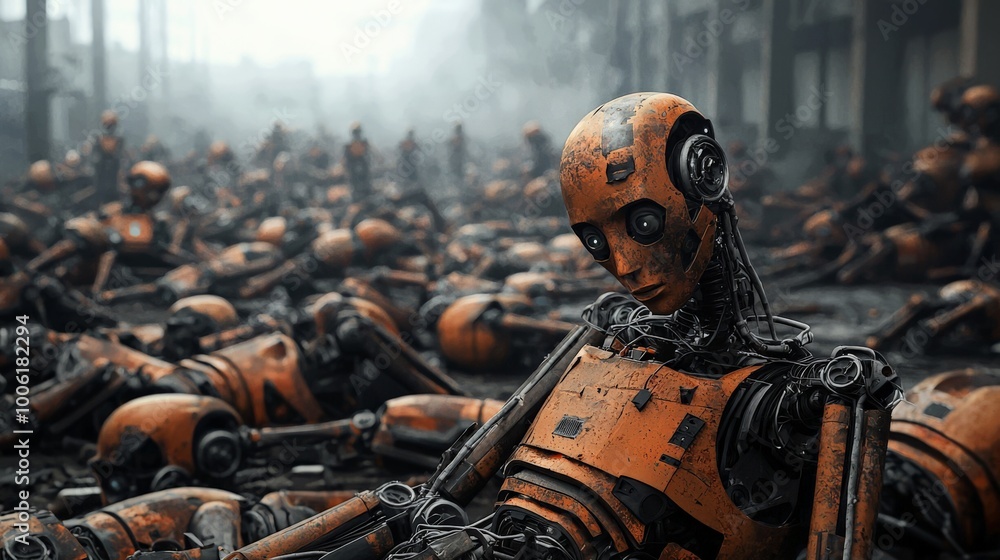 A pile of rusty, deactivated AI robots scattered across an abandoned warehouse, with dust settling on their lifeless bodies, evoking a sense of forgotten technology and obsolescence A pile of rusty, deactivated AI robots scattered across an abandoned warehouse, with dust settling on their lifeless bodies, evoking a sense of forgotten technology and obsolescence