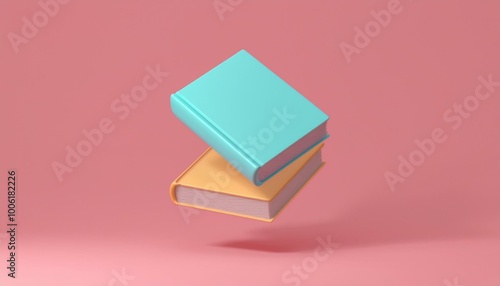 Two colorful books floating against a soft pink background, emphasizing creativity and learning. photo