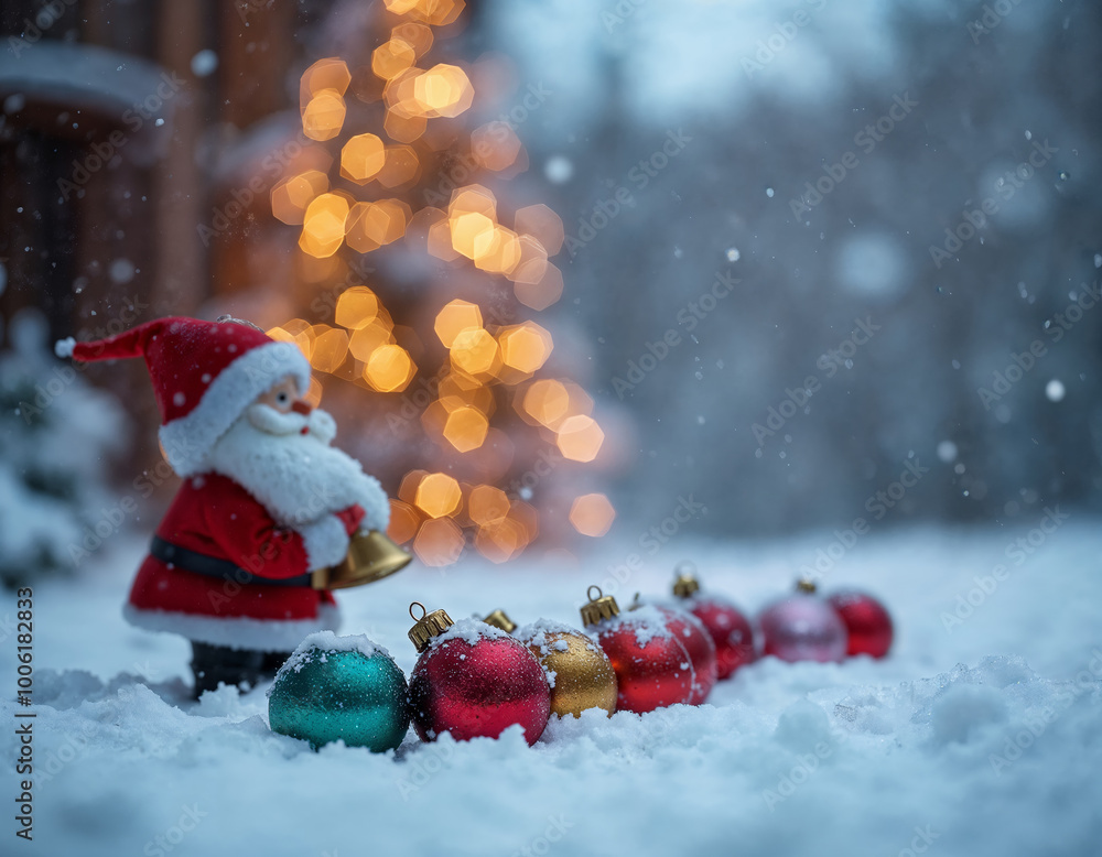 a santa claus figurine is standing in the snow with christmas balls ornaments and decorated christmas tree behind a santa claus figurine is standing in the snow with christmas balls ornaments and decorated christmas tree behind