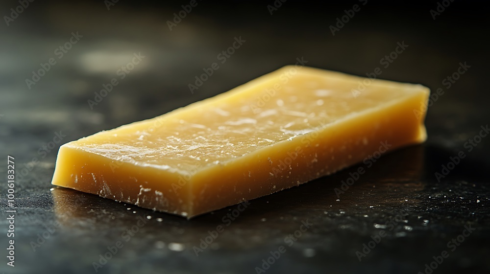 Minimalistic photograph of a shard of Manchego cheese, softly illuminated on a smooth dark surface. Soft directional light from above, creating delicate shadows, high contrast, creamy yellow surface, Minimalistic photograph of a shard of Manchego cheese, softly illuminated on a smooth dark surface. Soft directional light from above, creating delicate shadows, high contrast, creamy yellow surface,