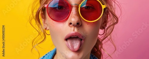 Stylish woman making a bold fashion statement with colorful sunglasses and piercings. Free copy space for banner. photo