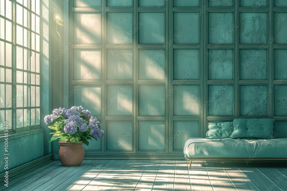 A cerulean room with a retro futon and a potted hydrangea Soft morning light seeps through a series of small paneled windows