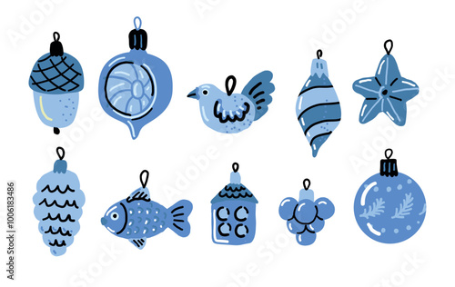 Blue Christmas baubles. Set of vintage decoration. Christmas bauble in the shape of pinecone, fish, acorn, star, bird. Naive art illustration.