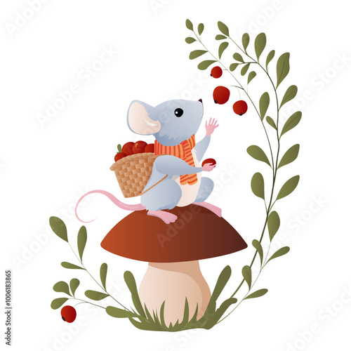 Vector illustration of a tiny mouse with a little backpack full of red berries