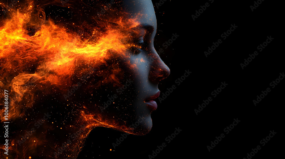 Fiery Abstract Portrait: A Woman's Face Emblazoned with Burning Embers Fiery Abstract Portrait: A Woman's Face Emblazoned with Burning Embers