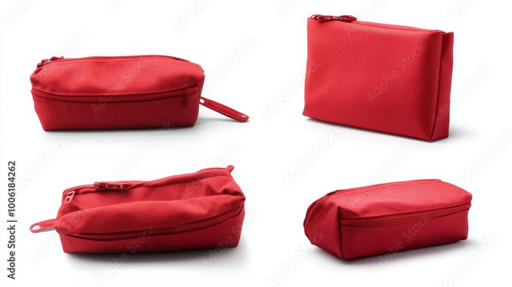 custom made wallpaper toronto digitalBright red first aid bags, shown from various angles against a white background. These portable canvas pouches have zippers for keeping medical supplies safe and easily accessible in emergencies.