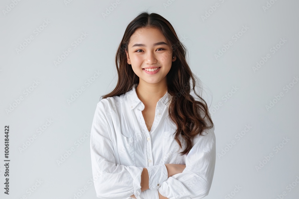 Cheerful young woman with folded arms standing against a white backdrop , background blur Cheerful young woman with folded arms standing against a white backdrop , background blur