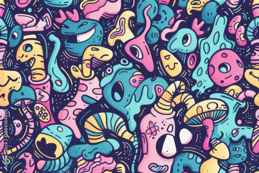 Playful hand-drawn cartoon background with a pattern layout. Playful hand-drawn cartoon background with a pattern layout.
