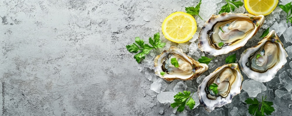 Fresh oysters on ice with lemon and Fresh oysters on ice with lemon and