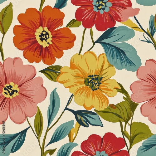 Bright and colorful floral pattern featuring various flowers and leaves on a ...