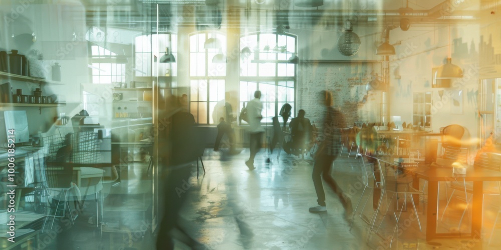 a collaborative workspace, with ghostly images of workers moving around a collaborative workspace, with ghostly images of workers moving around