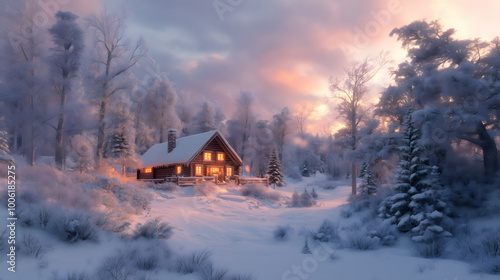 A snug wooden cottage blanketed in snow, with inviting light streaming from its windows. The serene atmosphere is enhanced by snow-covered trees and soft pastel skies of a winter morning.