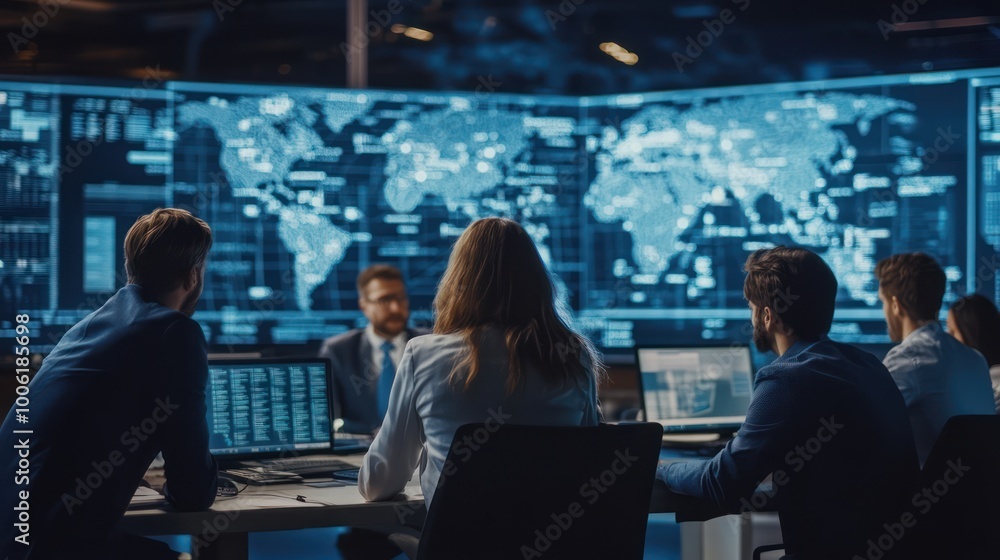 Obraz premium A multinational team of business professionals working on a global logistics project, collaborative workspace with digital screens