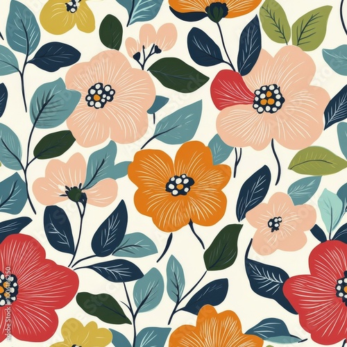 Bright and colorful floral pattern featuring various flowers and leaves on a ...