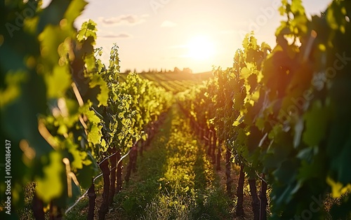 A serene vineyard at sunset, showcasing rows of grapevines bathed in warm light.