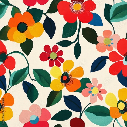 Colorful floral pattern featuring vibrant blooms and leaves on a light backgr...