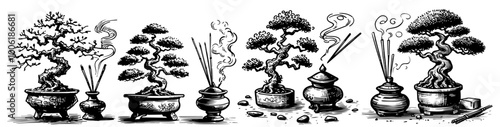 elegant bonsai trees in ornate pots, traditional black vector illustration