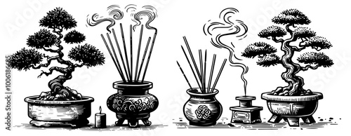 set of bonsai trees with unique trunk shapes, black vector design