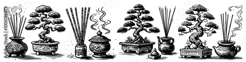 bonsai tree collection showcasing various styles, black vector illustration