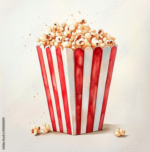 Freshly popped popcorn in classic red and white striped container on a soft p...