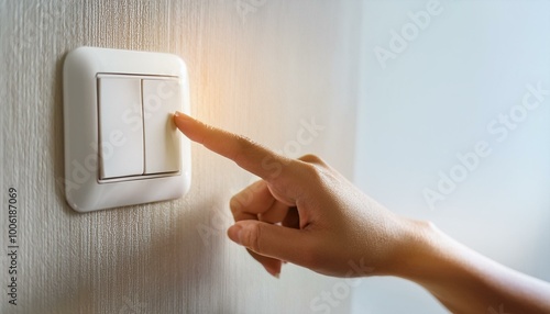 Close up of Female finger is turn off on lighting switch at home. Power, Energy, Saving Electrical, Copy space. Created with Generative AI technology.