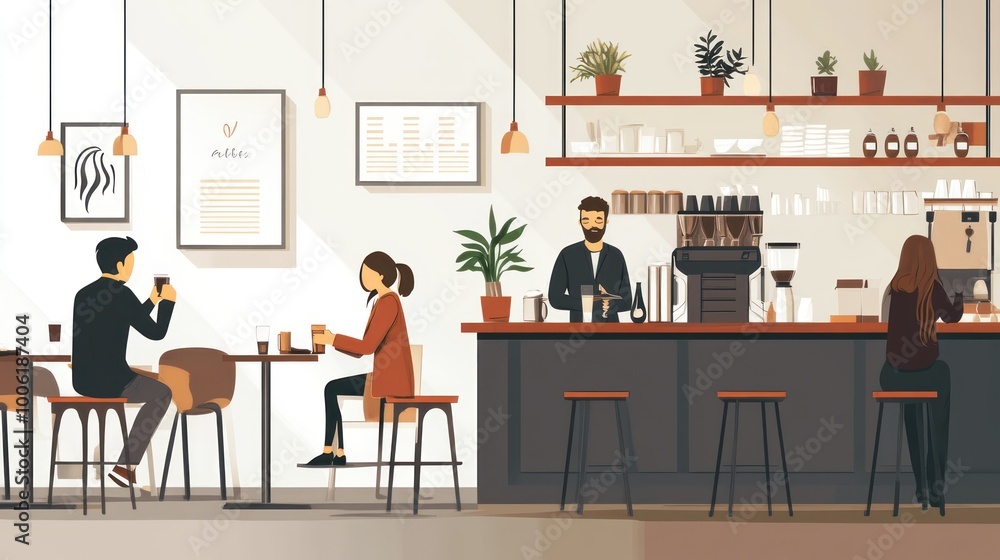 A small business barista with customers sipping on freshly brewed coffee, cozy and trendy interior with stylish furniture A small business barista with customers sipping on freshly brewed coffee, cozy and trendy interior with stylish furniture