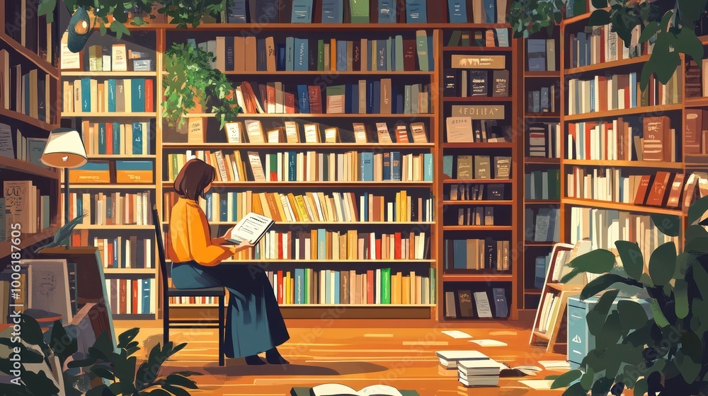 A small business bookstore owner organizing new arrivals on shelves, cozy reading corner with a welcoming atmosphere A small business bookstore owner organizing new arrivals on shelves, cozy reading corner with a welcoming atmosphere