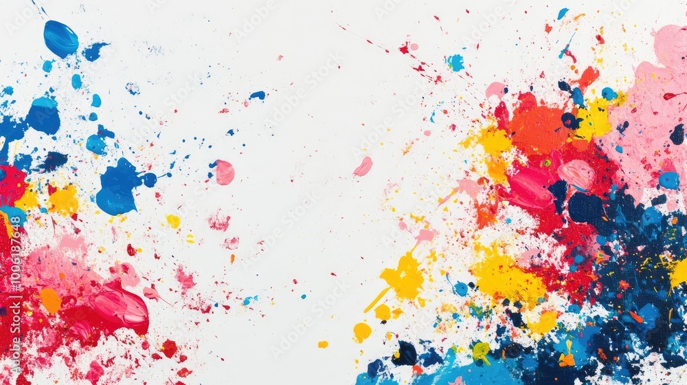 Obraz premium Random splatters of vibrant paint in primary colors over a white canvas, creating a dynamic, chaotic abstract pattern.