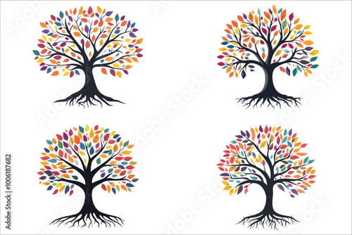 Abstract tree with roots and leaves, Tree with roots and multicolored leaves vector, Beautiful tree and roots,  Abstract tree and colorful leaves