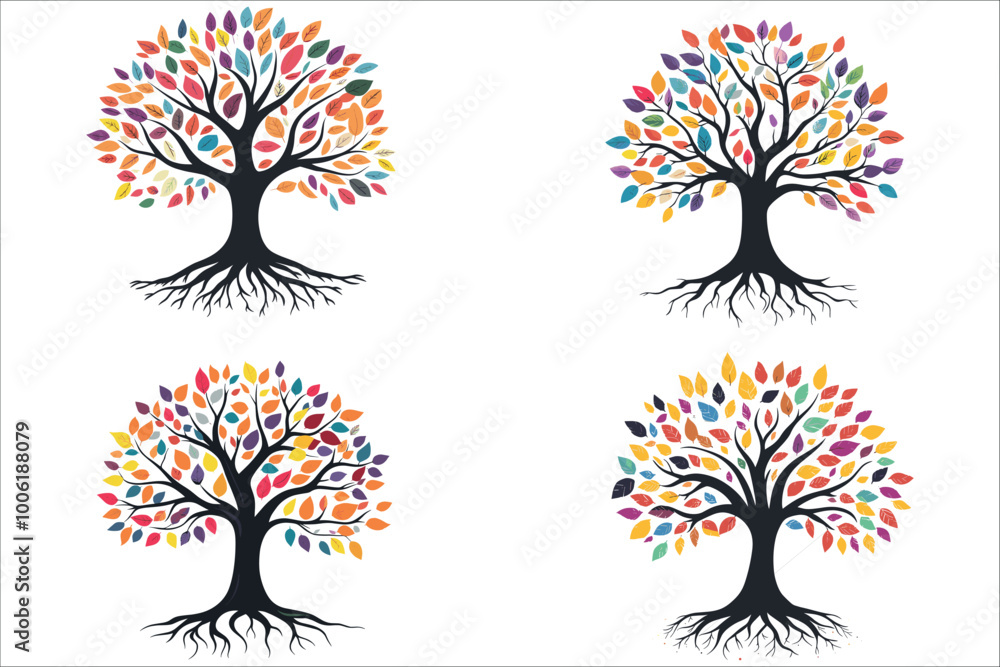 Abstract tree with roots and leaves, Tree with roots and multicolored leaves vector, Beautiful tree and roots,  Abstract tree and colorful leaves