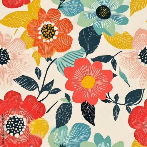 Bright and colorful floral pattern featuring various flowers and leaves on a ...