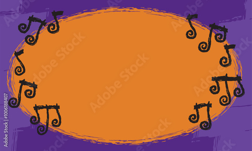 retro grunge toon vertical music notes over orange ellipse purple vintage musical concert flyer panel background