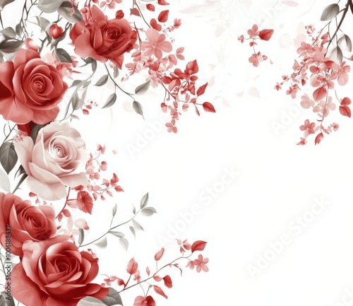 Colorful floral arrangement featuring pink and red roses on a light background