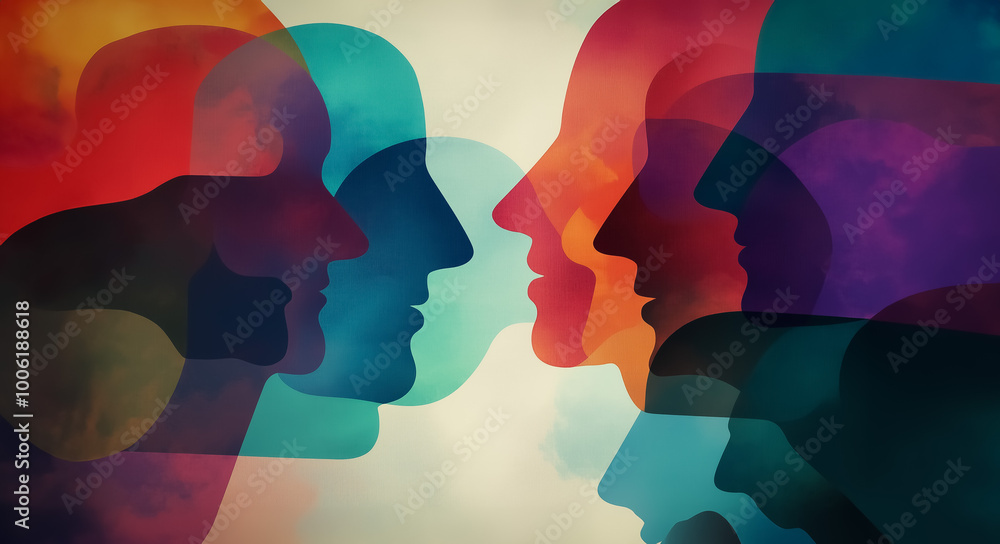 Abstract illustration of overlapping human profiles with gradient colors and soft edges, representing diverse perspectives and human connection in a contemporary style. Abstract illustration of overlapping human profiles with gradient colors and soft edges, representing diverse perspectives and human connection in a contemporary style.