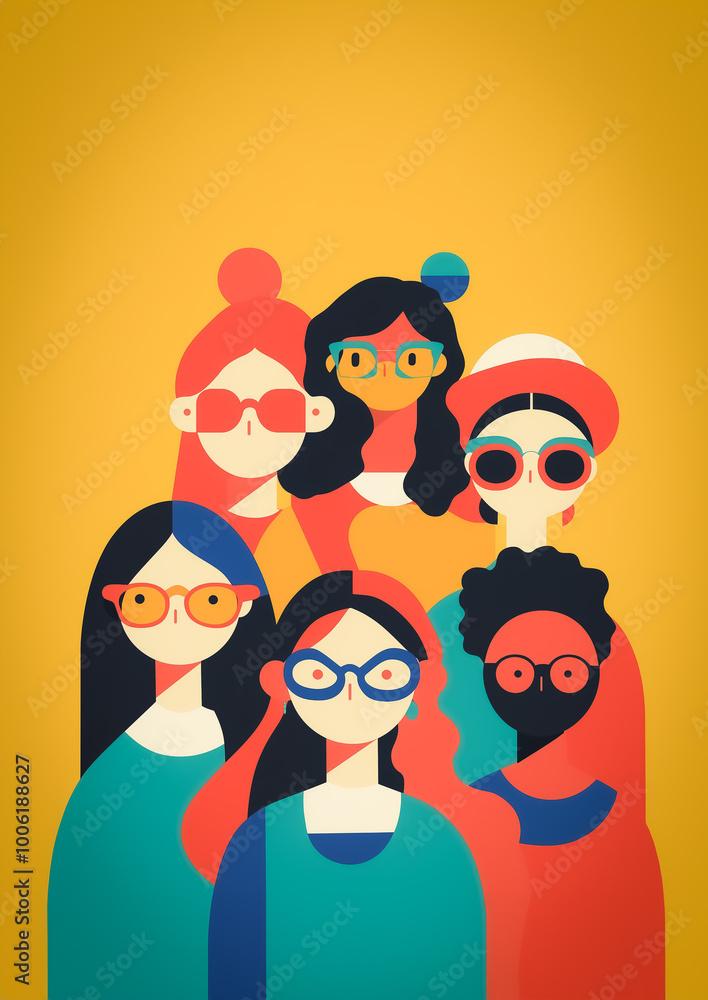 Colorful and modern illustration of a group of women wearing glasses, representing diversity and inclusion in a minimalist and geometric style. Colorful and modern illustration of a group of women wearing glasses, representing diversity and inclusion in a minimalist and geometric style.