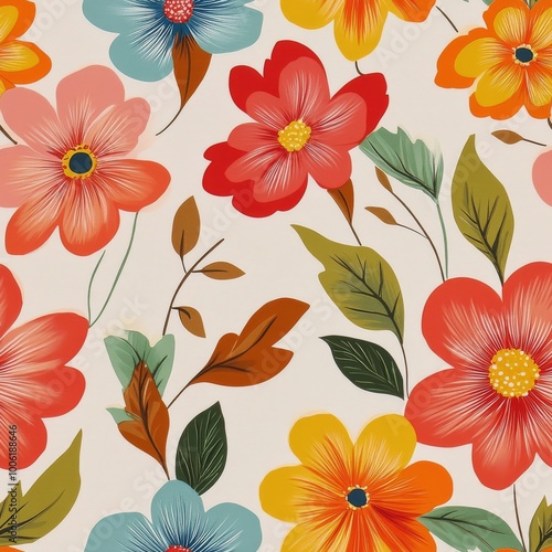 Colorful floral pattern featuring vibrant blooms and leaves on a light backgr...