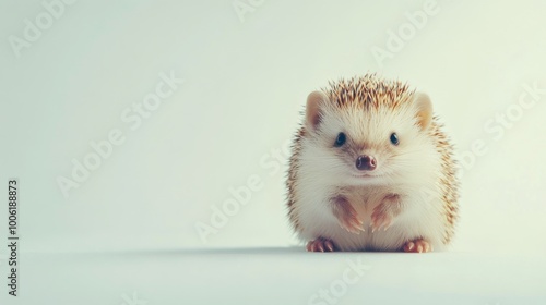 Curious hedgehog sitting quietly on a white surface in a bright, minimalistic...