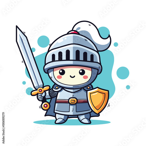 kawaii knight with sword and shield, cute cartoon character vector illustration