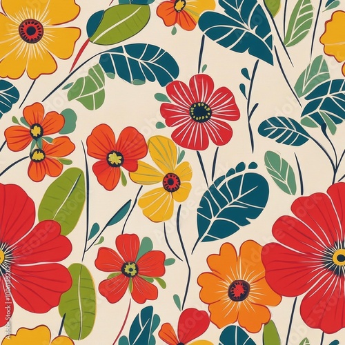 Bright and colorful floral pattern featuring various flowers and leaves on a ...