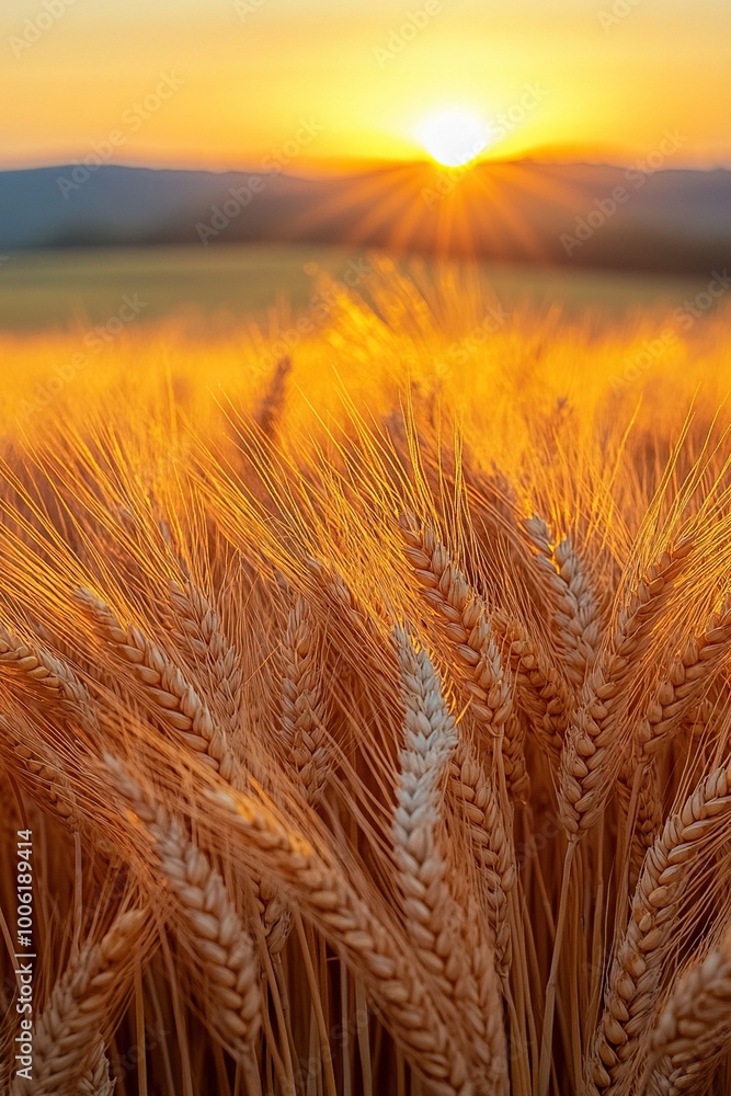 A detailed close-up panoramic view of golden wheat fields gently swaying in the breeze under a clear azure sky during a vibrant sunset. Warm sunlight casts a golden glow over the landscape. A detailed close-up panoramic view of golden wheat fields gently swaying in the breeze under a clear azure sky during a vibrant sunset. Warm sunlight casts a golden glow over the landscape.