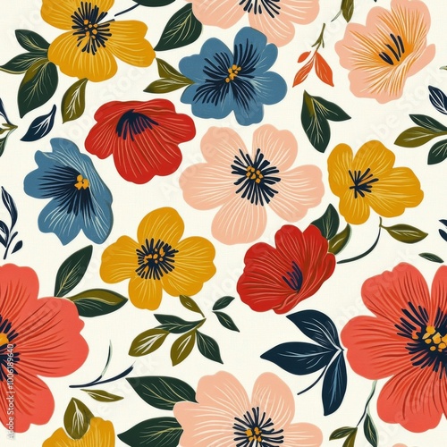 Colorful floral pattern featuring vibrant blooms and leaves on a light backgr...