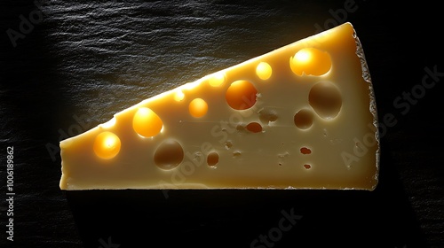 Single slice of Emmental cheese with large, defined holes, highlighted on a matte black surface. Soft spotlight from above, casting gentle shadows, minimalist style, isolated subject, high contrast,