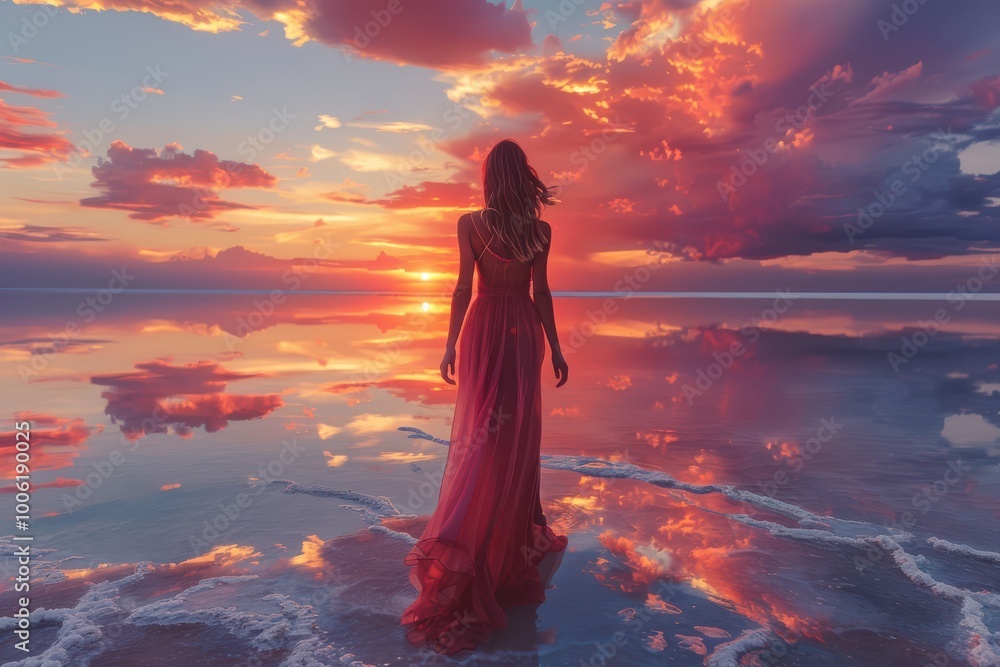 Elegant woman in a flowing dress walking on a salt lake at sunset. Elegant woman in a flowing dress walking on a salt lake at sunset.